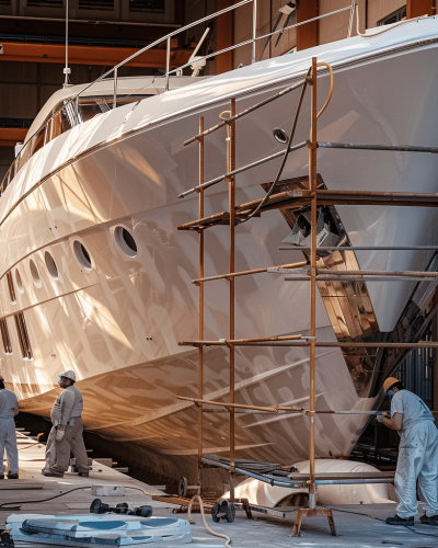 Large luxury yacht undergoing construction or extensive refit in a shipyard, surrounded by scaffolding and marine technicians, highlighting comprehensive technical marine services and project management by Specialized Marine Services.